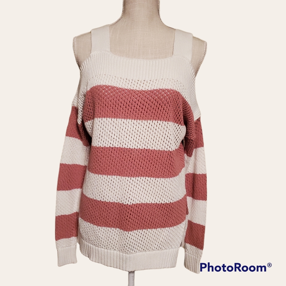 Elan Pink & White Cold Shoulder Knit Sweater